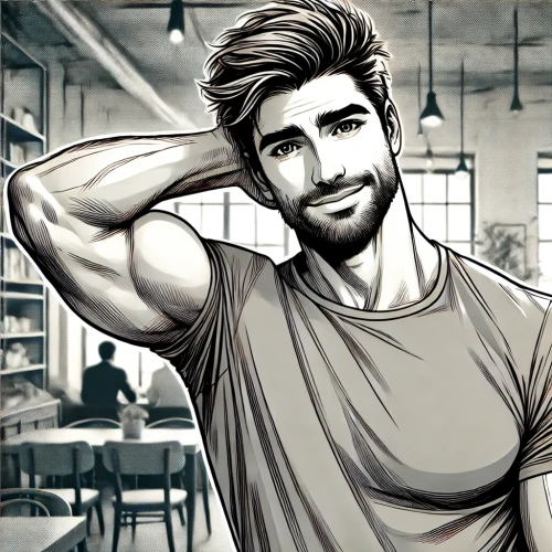 DALLE-2024-06-27-22.16.32---A-handsome-more-muscular-person-standing-inside-a-cozy-coffee-shop-with-a-slightly-blurred-background.-The-individual-has-Mediterranean-skin-darker.webp