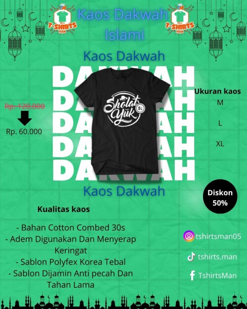 KAOS KUALITAS PREMIUM

- Bahan Cotton combed 30s

- Adem digunakan dan menyerap keringat

- Sablon Polyfex korea tebal

- Sablon dijamin anti pecah dan tahan lama

UKURAN

- M

- L

- XL

link pembelian:https://serbaadaaa.orderonline.id/page/dhqkaos-dakwah-islami-001-copy-1721806876000